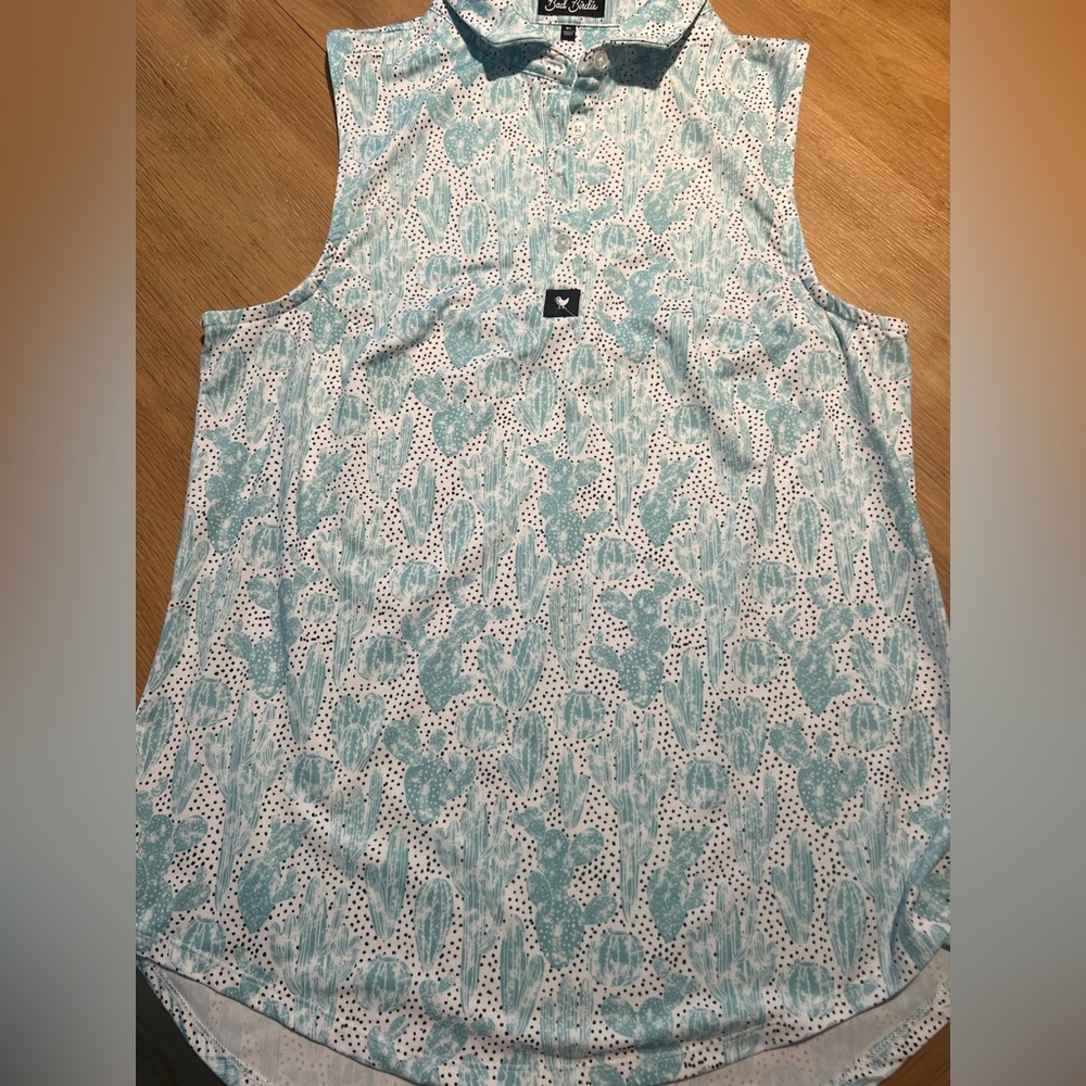 Bad Birdie Teal and White Cactus Polo XL